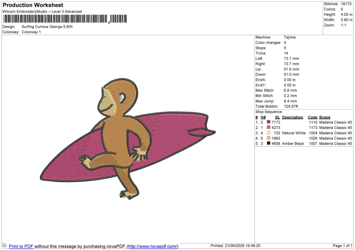 Surfing Curious George Embroidery File 6 sizes
