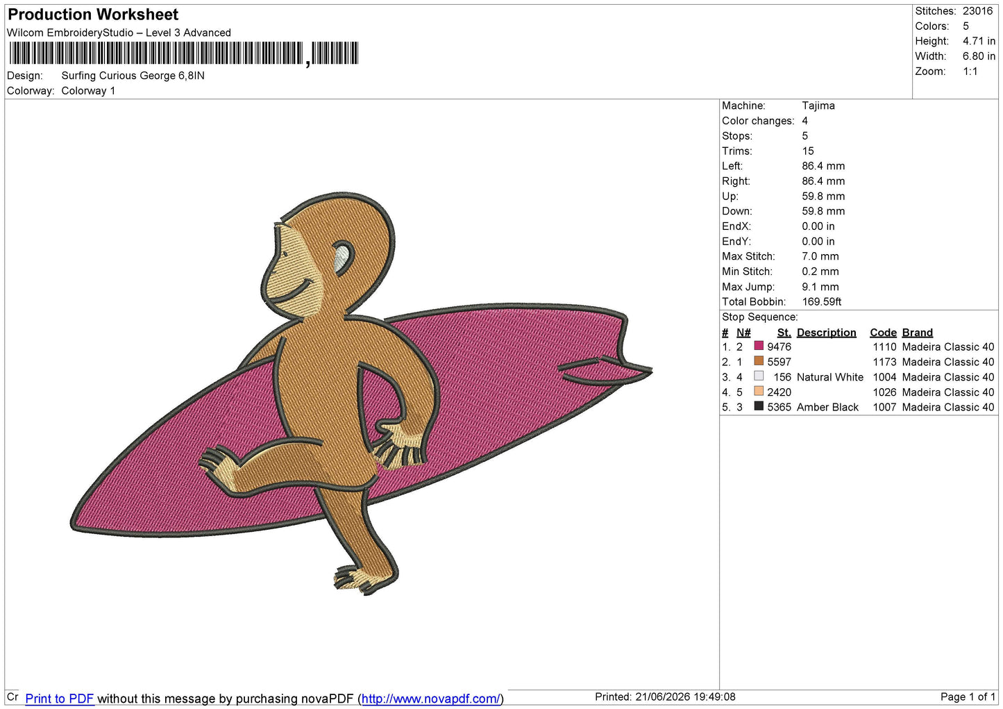 Surfing Curious George Embroidery File 6 sizes