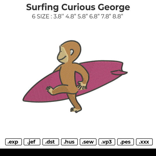 Surfing Curious George Embroidery File 6 sizes