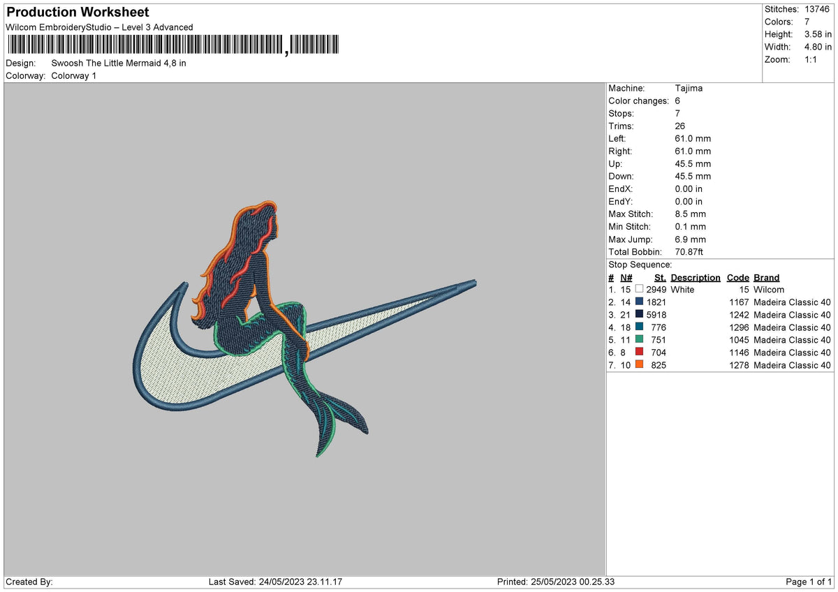 Swoosh Mermaid Embroidery File 6 sizes