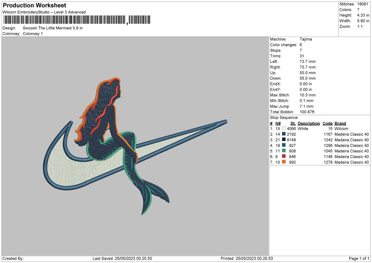 Swoosh Mermaid Embroidery File 6 sizes
