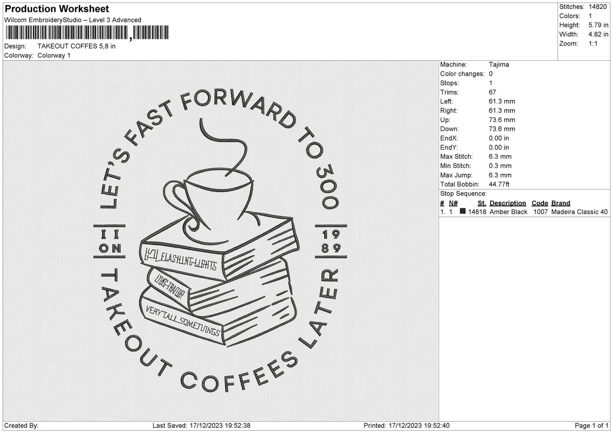 TAKEOUT COFFES Embroidery File 6 size