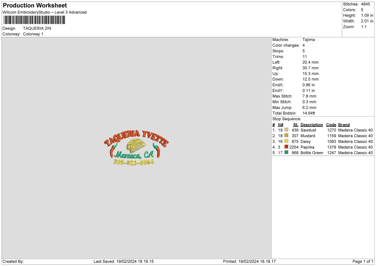 Taque Embroidery File 6 sizes
