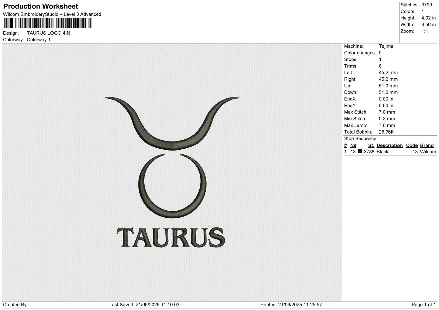 TAURUS LOGO Embroidery File 6 size