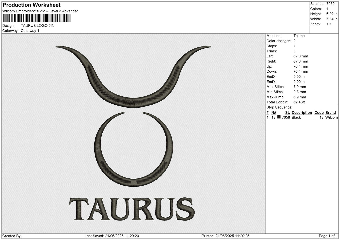 TAURUS LOGO Embroidery File 6 size