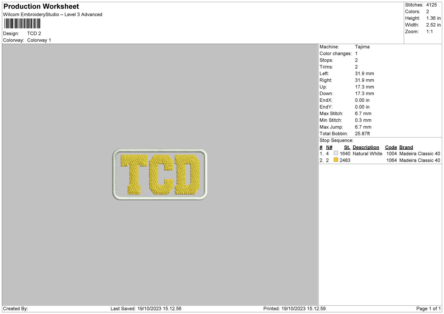 Tcd Embroidery File 6 sizes