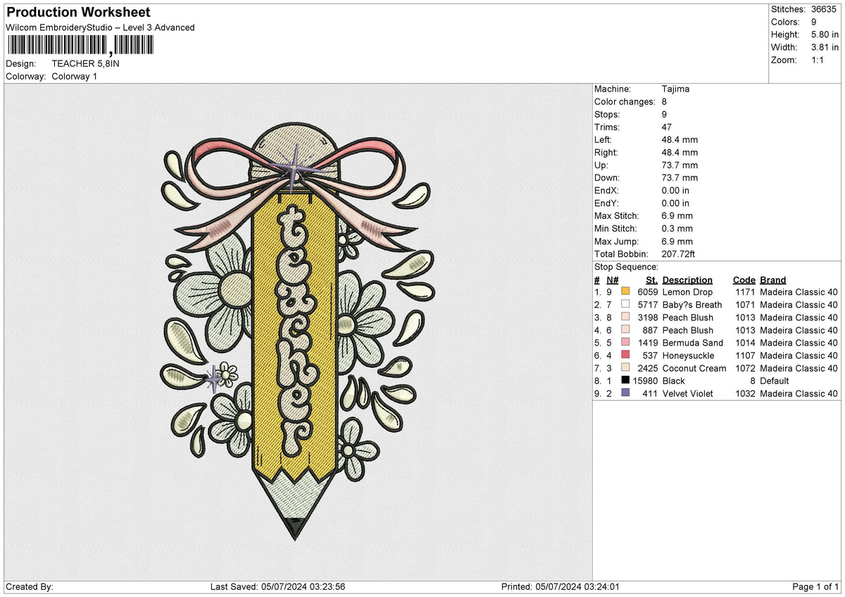 TEACHER Embroidery File 6 size