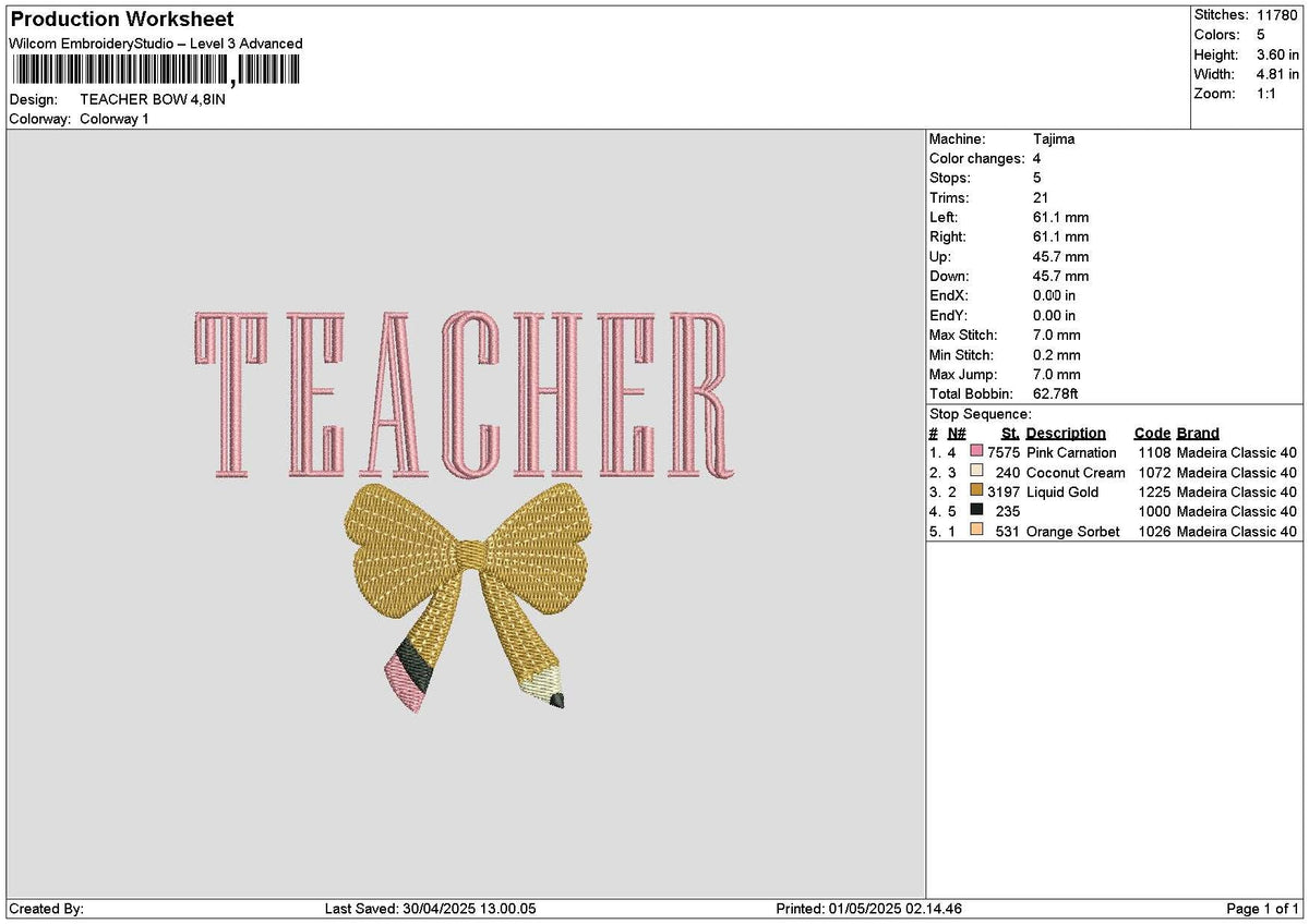 Teacherbow 0105 Embroidery File 6 sizes