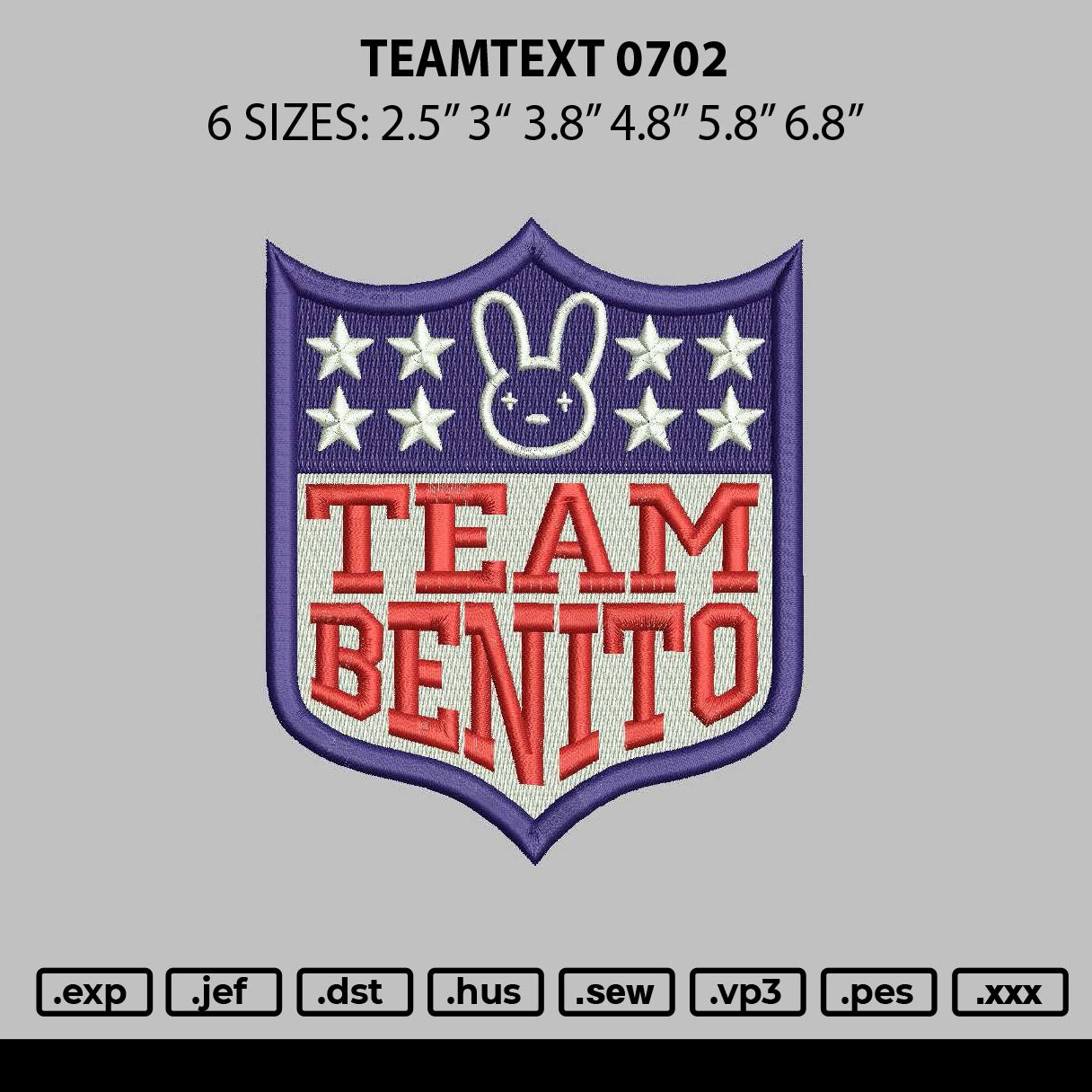 Teamtext 0702 Embroidery File 6 sizes