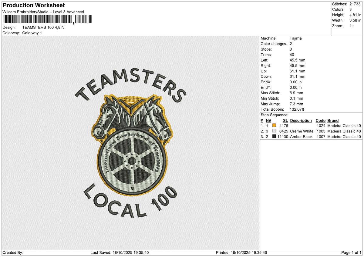 TEAMSTERS 100 Embroidery File 6 sizes