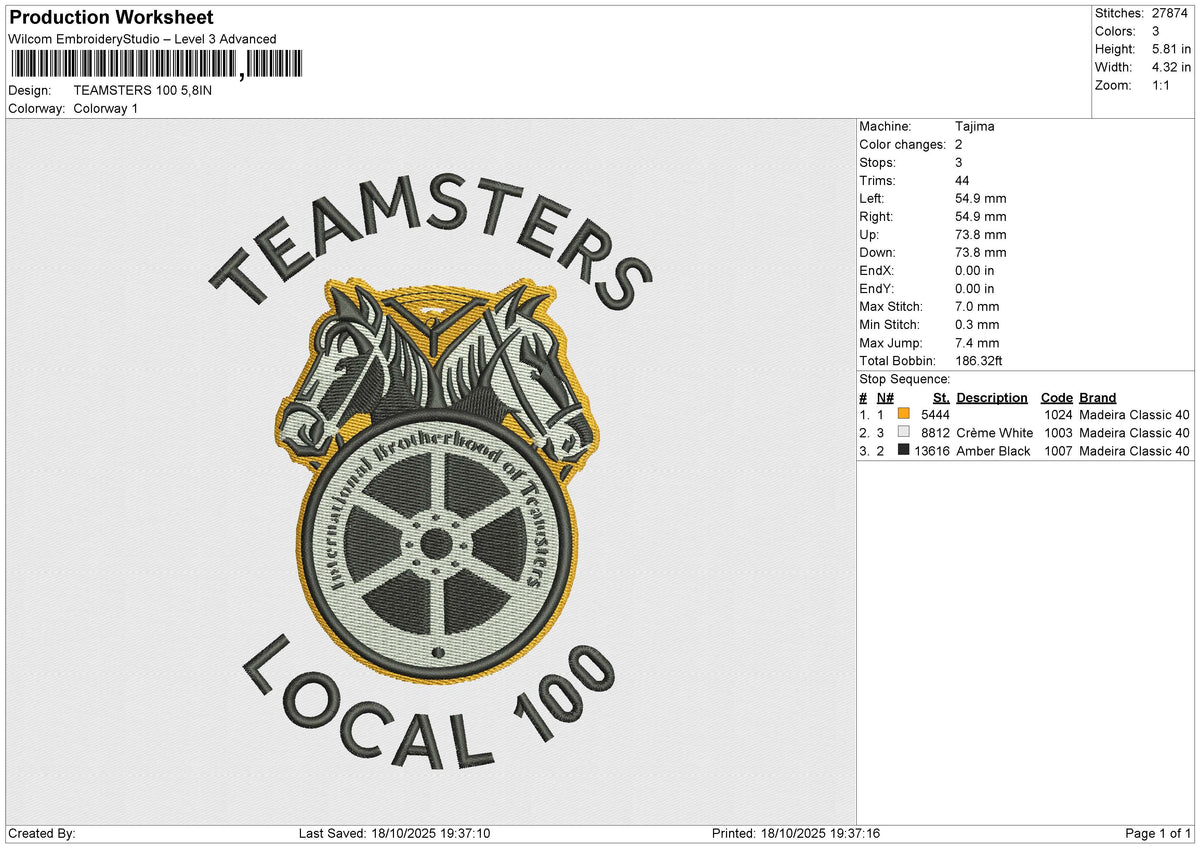 TEAMSTERS 100 Embroidery File 6 sizes