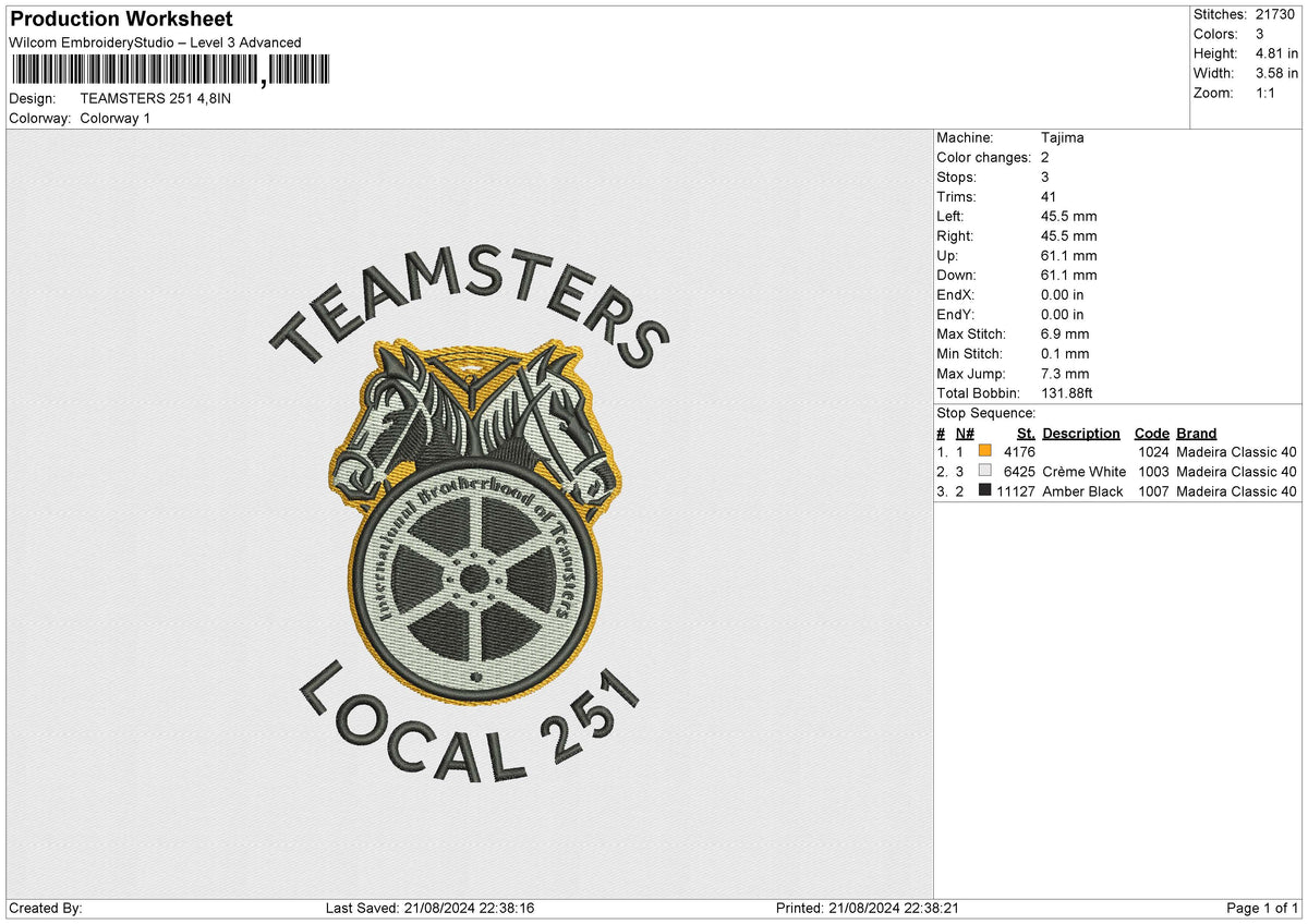 TEAMSTERS 251 Embroidery File 6 size