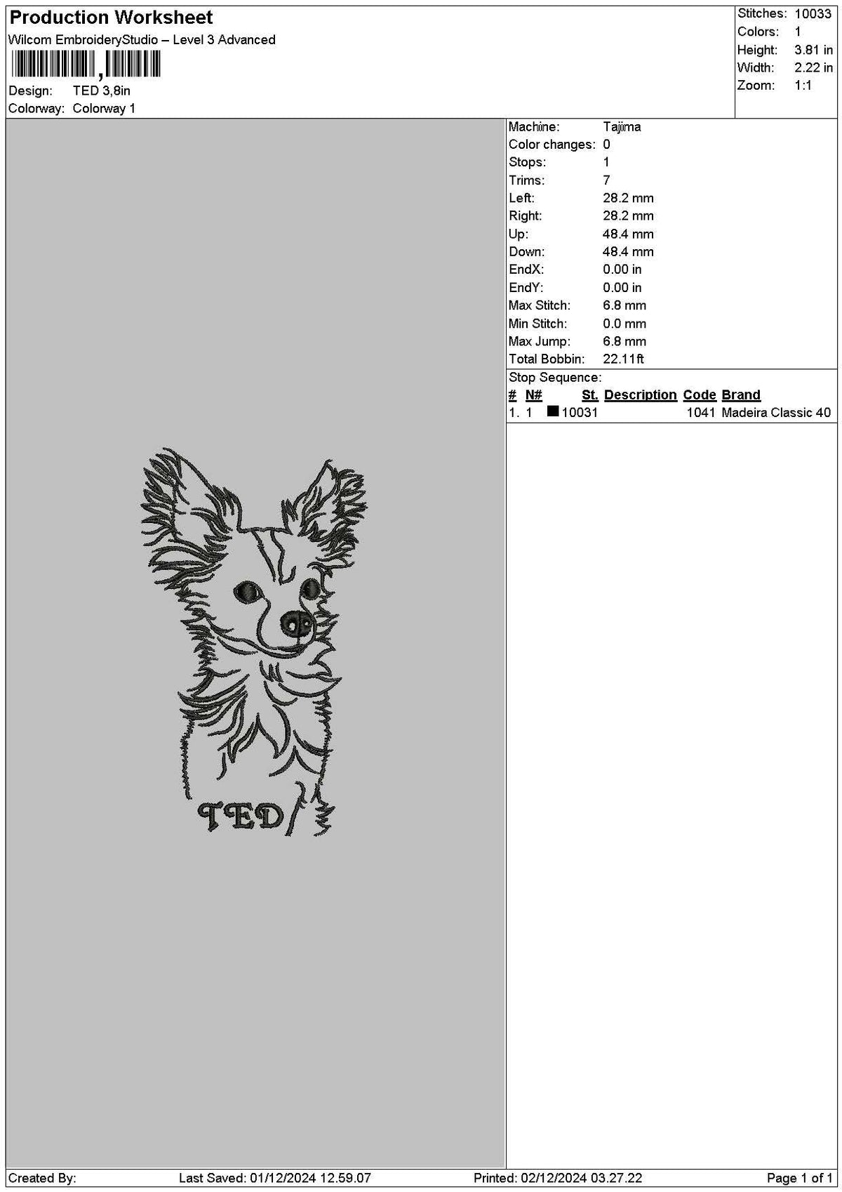 Dog Ted Outline Embroidery File 6 sizes