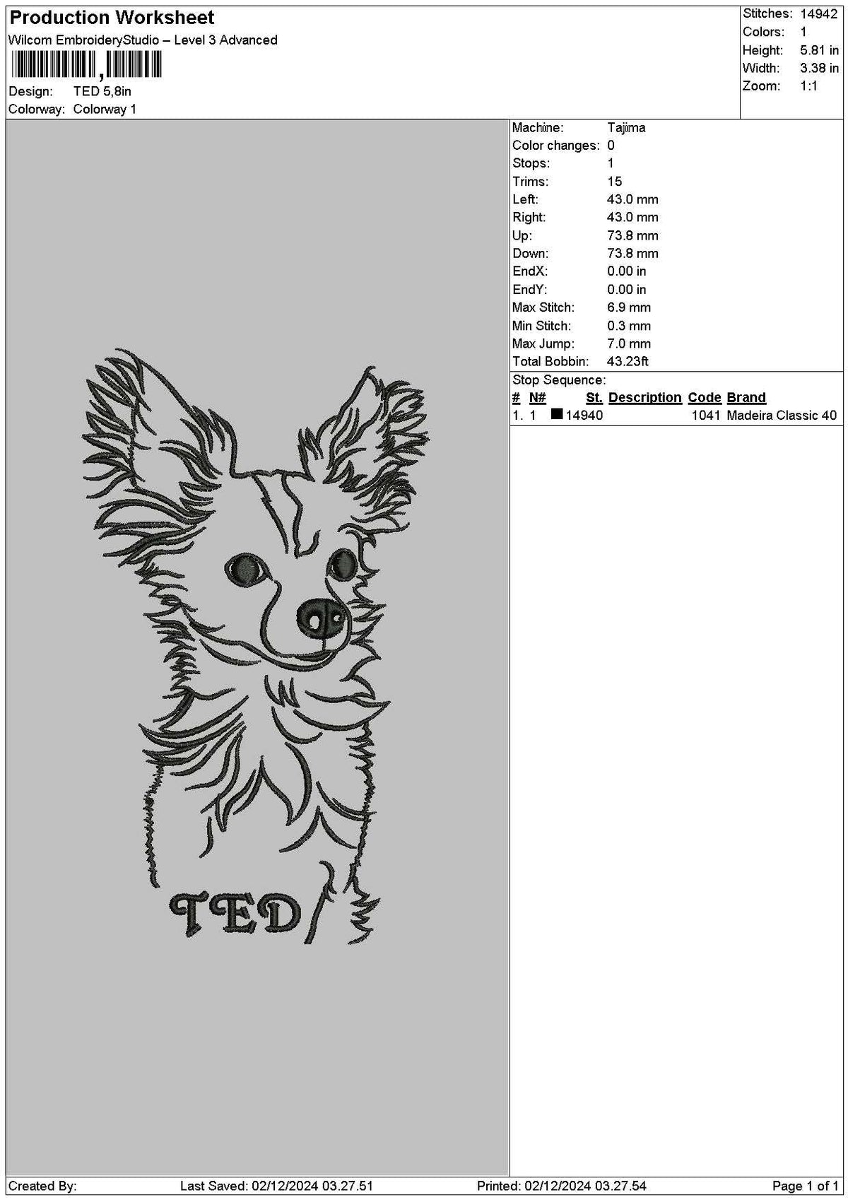Dog Ted Outline Embroidery File 6 sizes
