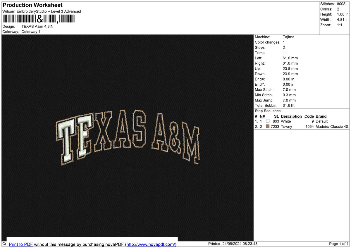 TEXAS A&m Embroidery File 6 size