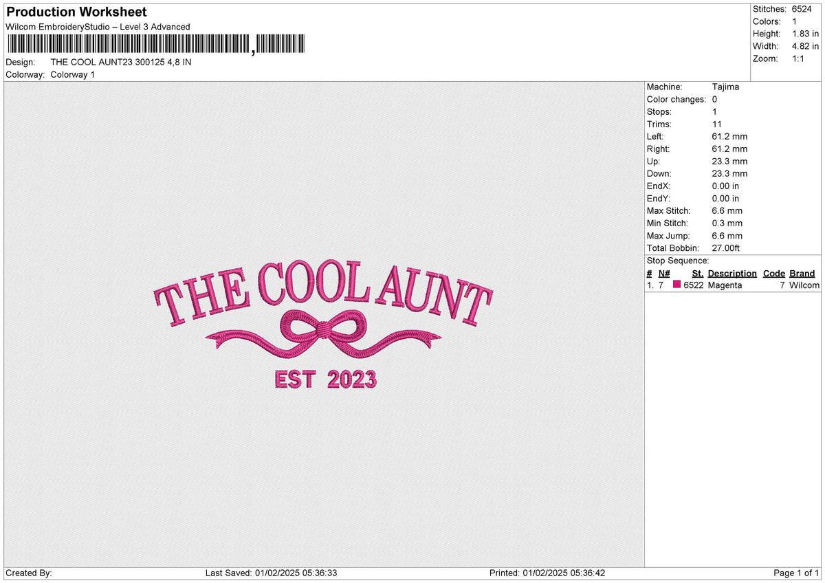THE COOL AUNT23 300125 Embroidery File 6 sizes