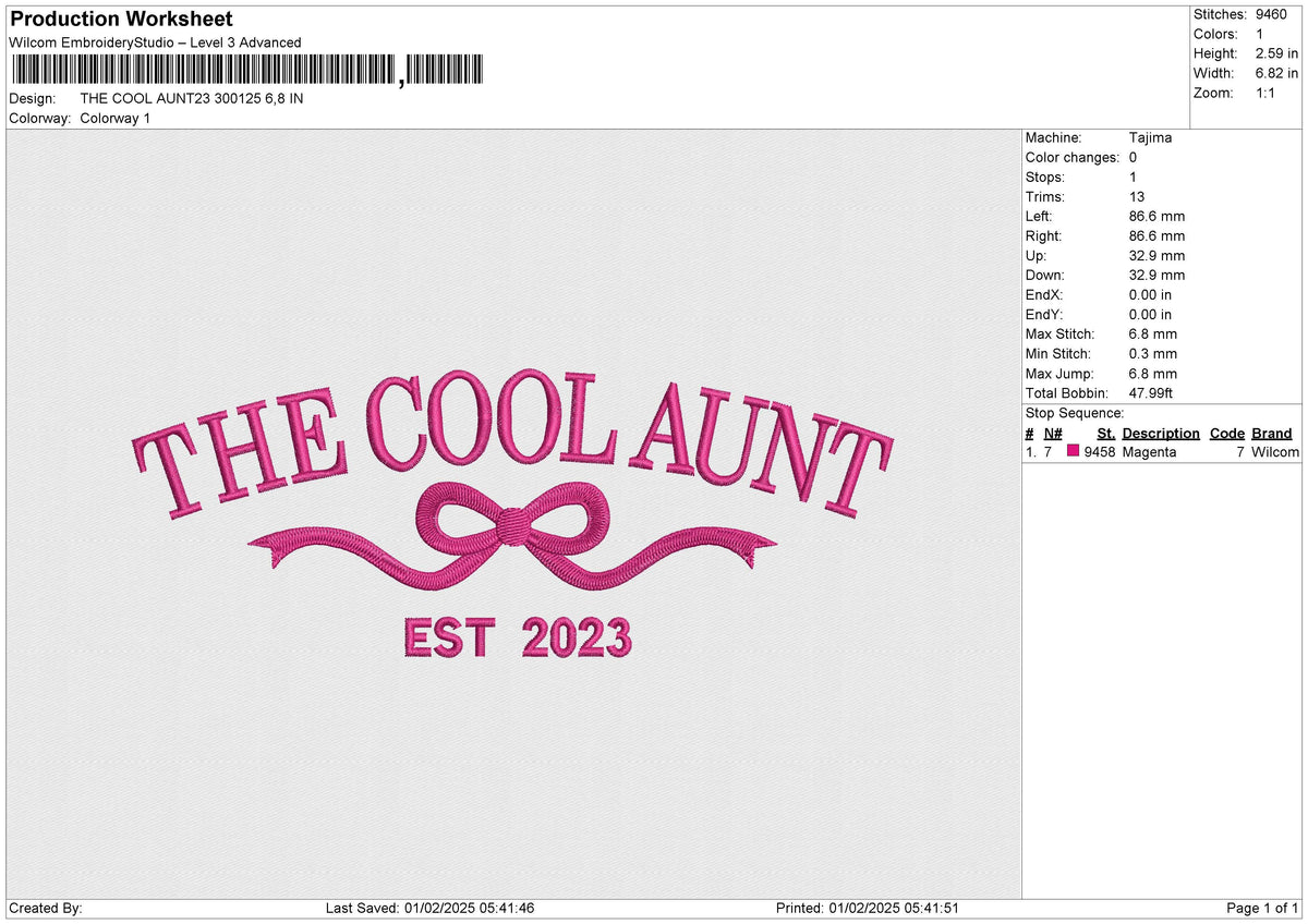 THE COOL AUNT23 300125 Embroidery File 6 sizes