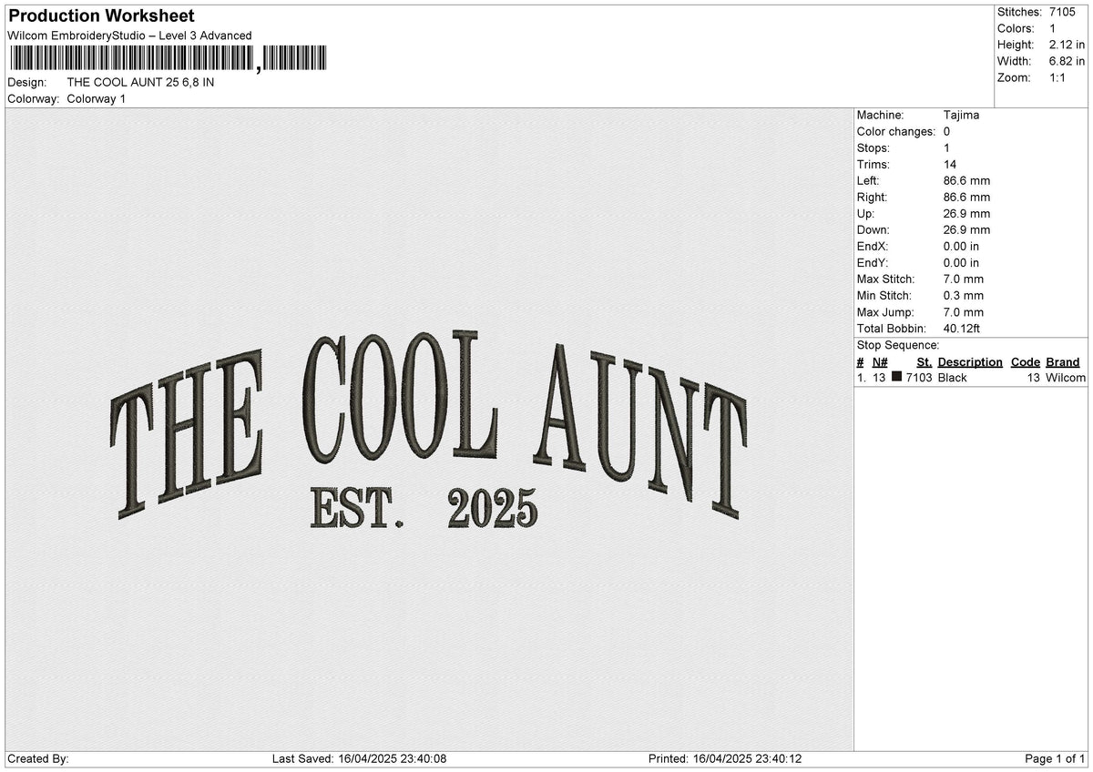 THE COOL AUNT 25 Embroidery File 6 sizes