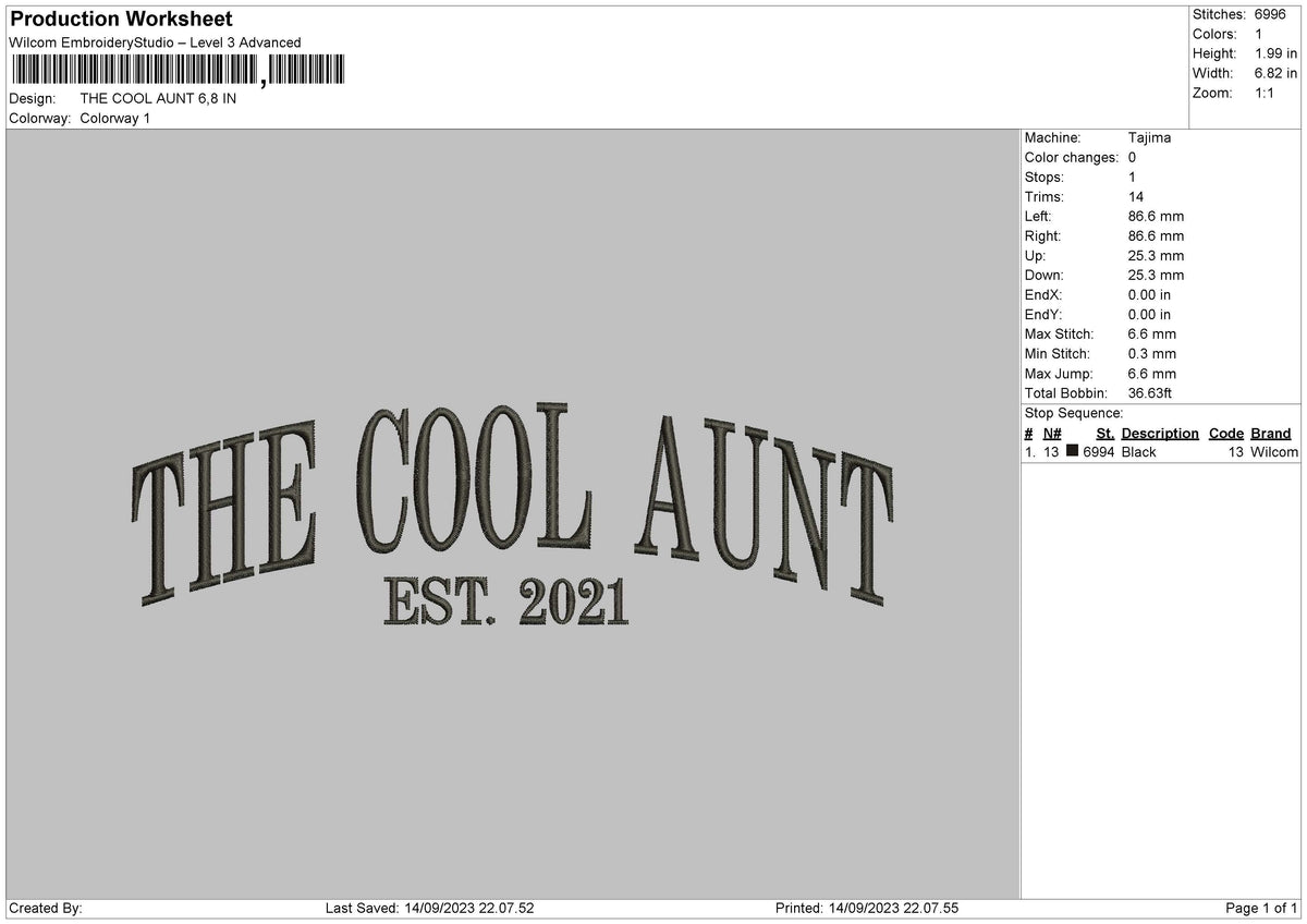 The Cool Aunt Embroidery File 6 sizes