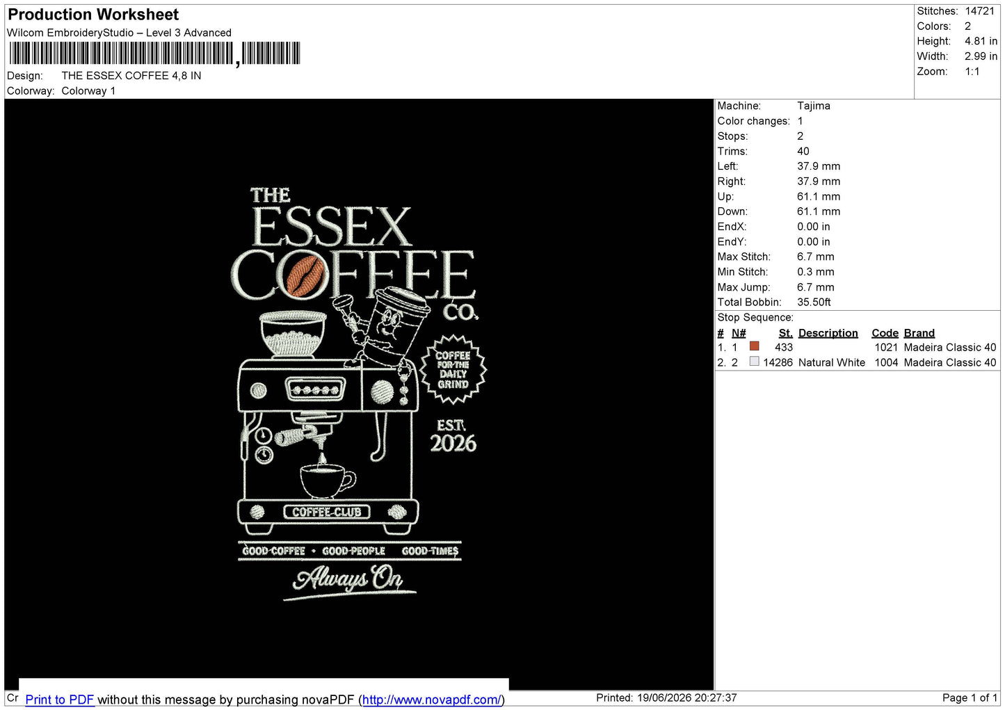 THE ESSEX COFFEE Embroidery File 6 sizes