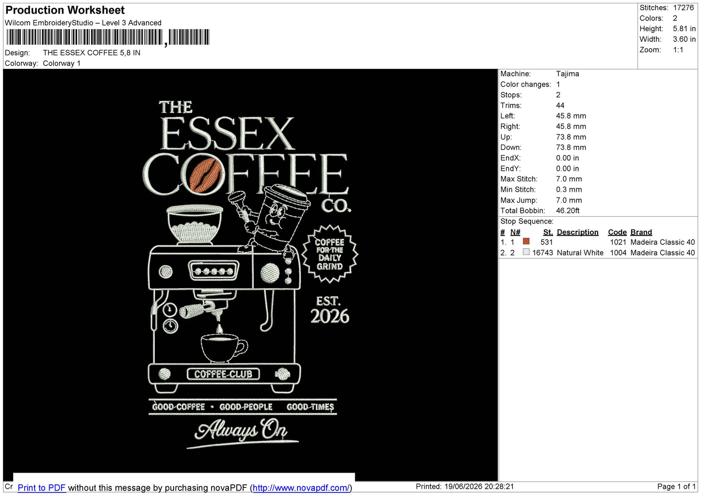 THE ESSEX COFFEE Embroidery File 6 sizes