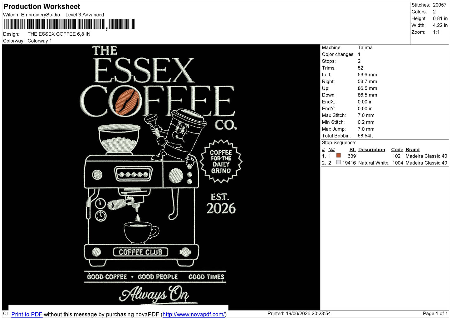 THE ESSEX COFFEE Embroidery File 6 sizes