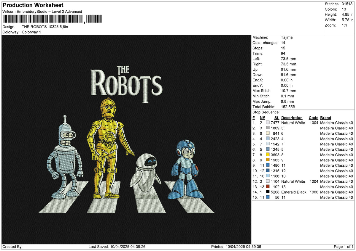 THE ROBOTS 10325 Embroidery File 6 size