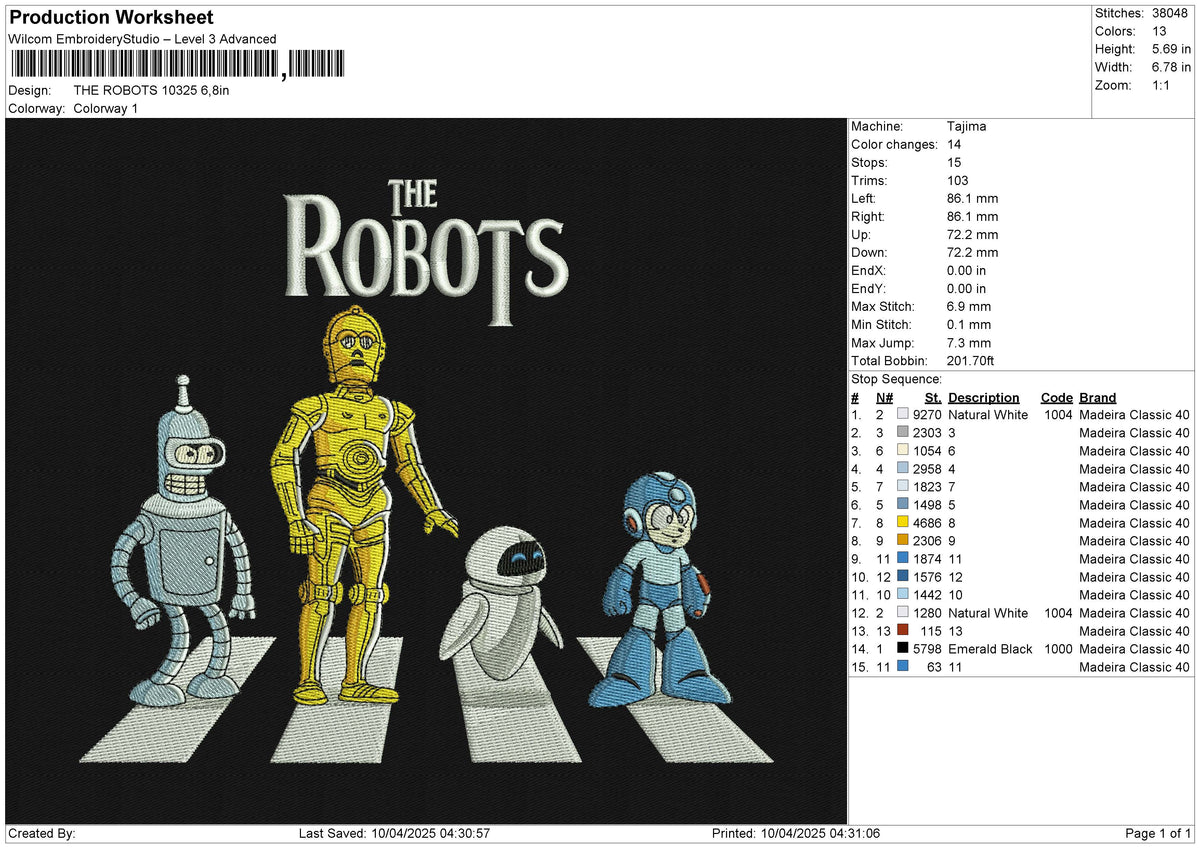 THE ROBOTS 10325 Embroidery File 6 size