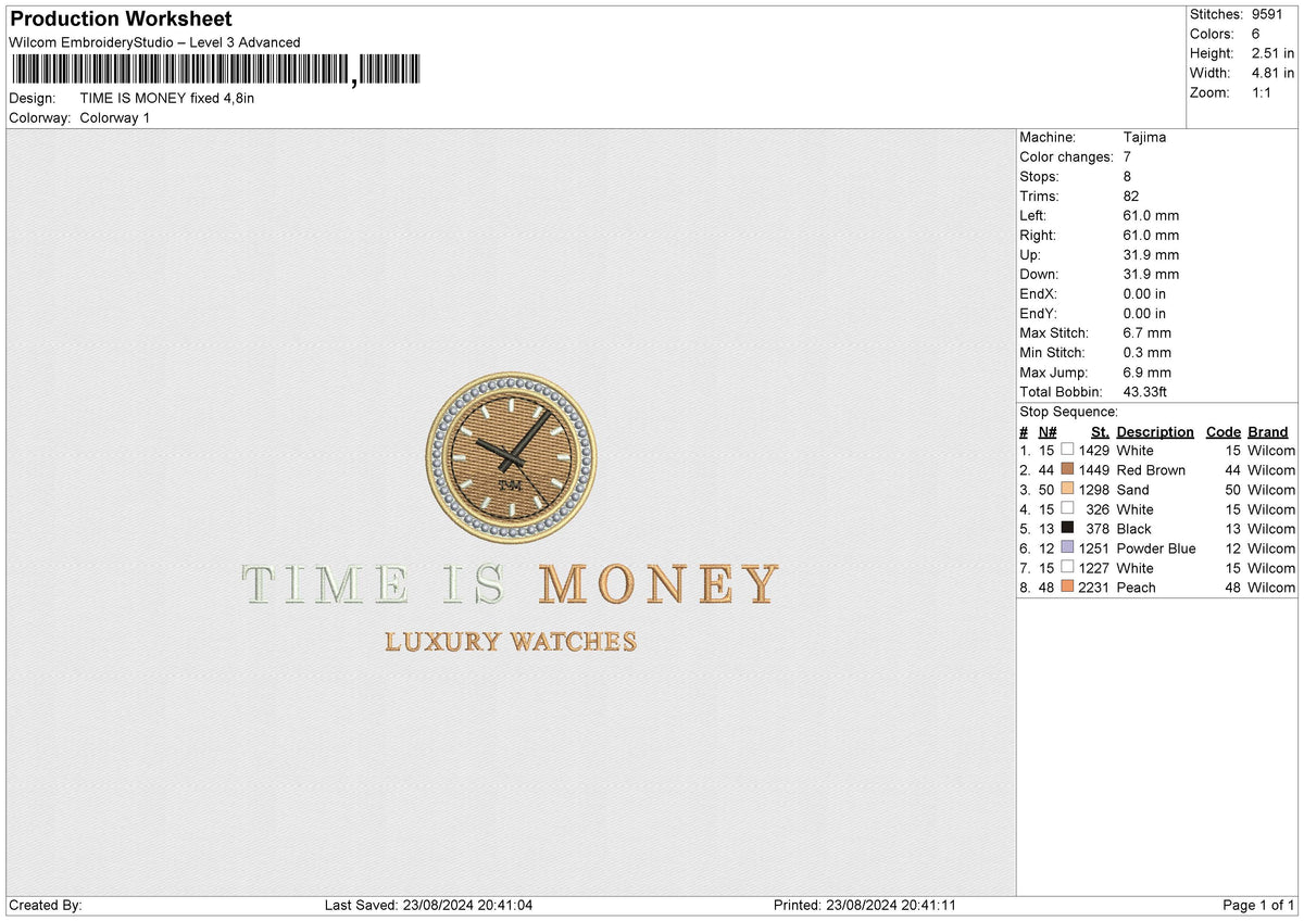 TIME IS MONEY Embroidery File 6 size