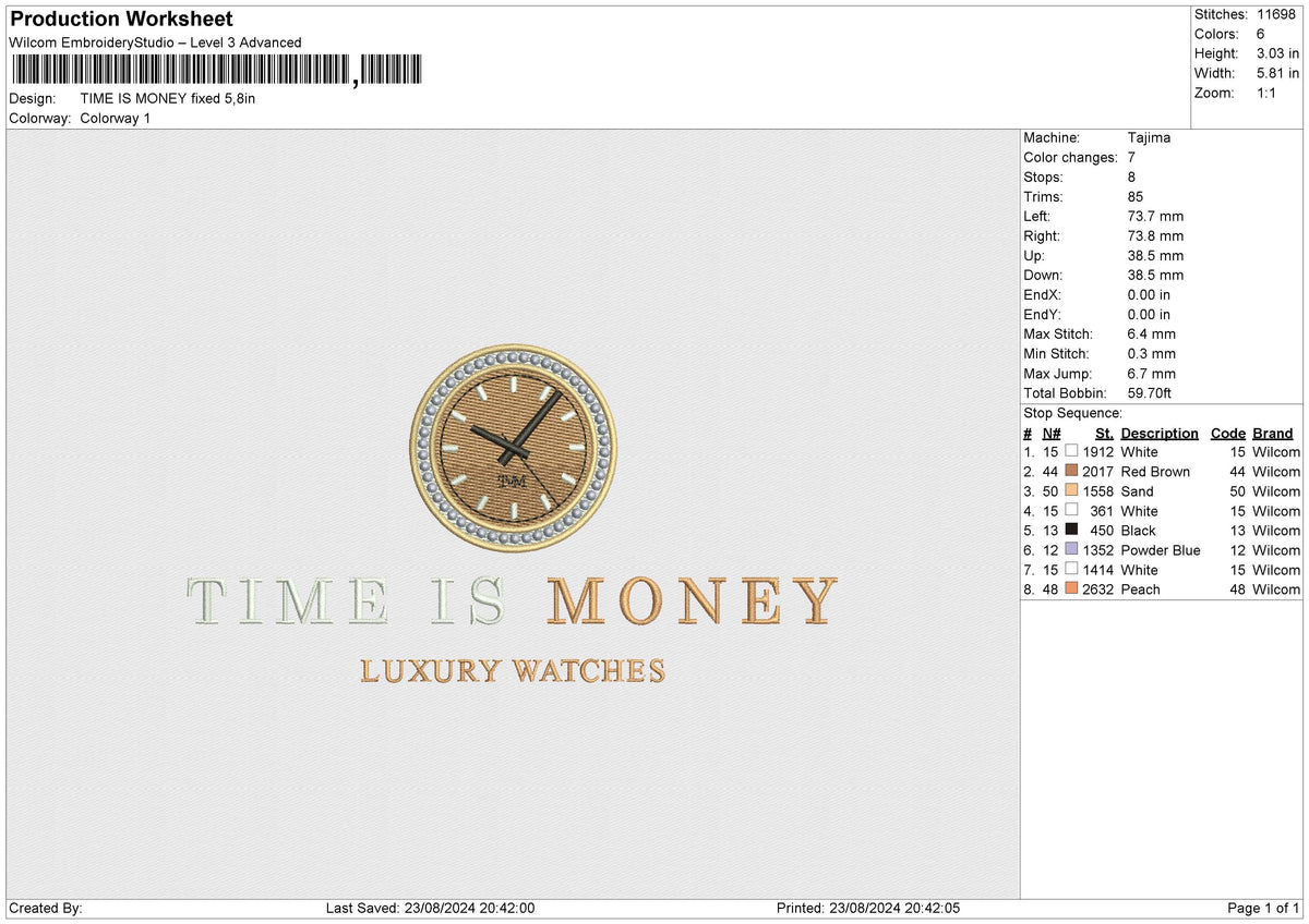 TIME IS MONEY Embroidery File 6 size