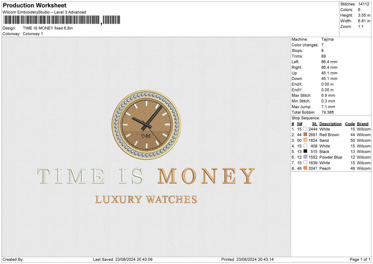 TIME IS MONEY Embroidery File 6 size