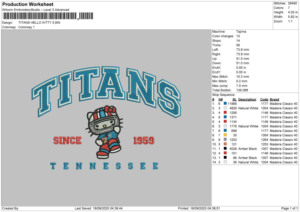 TITANS HELLO KITTY Embroidery File 6 sizes