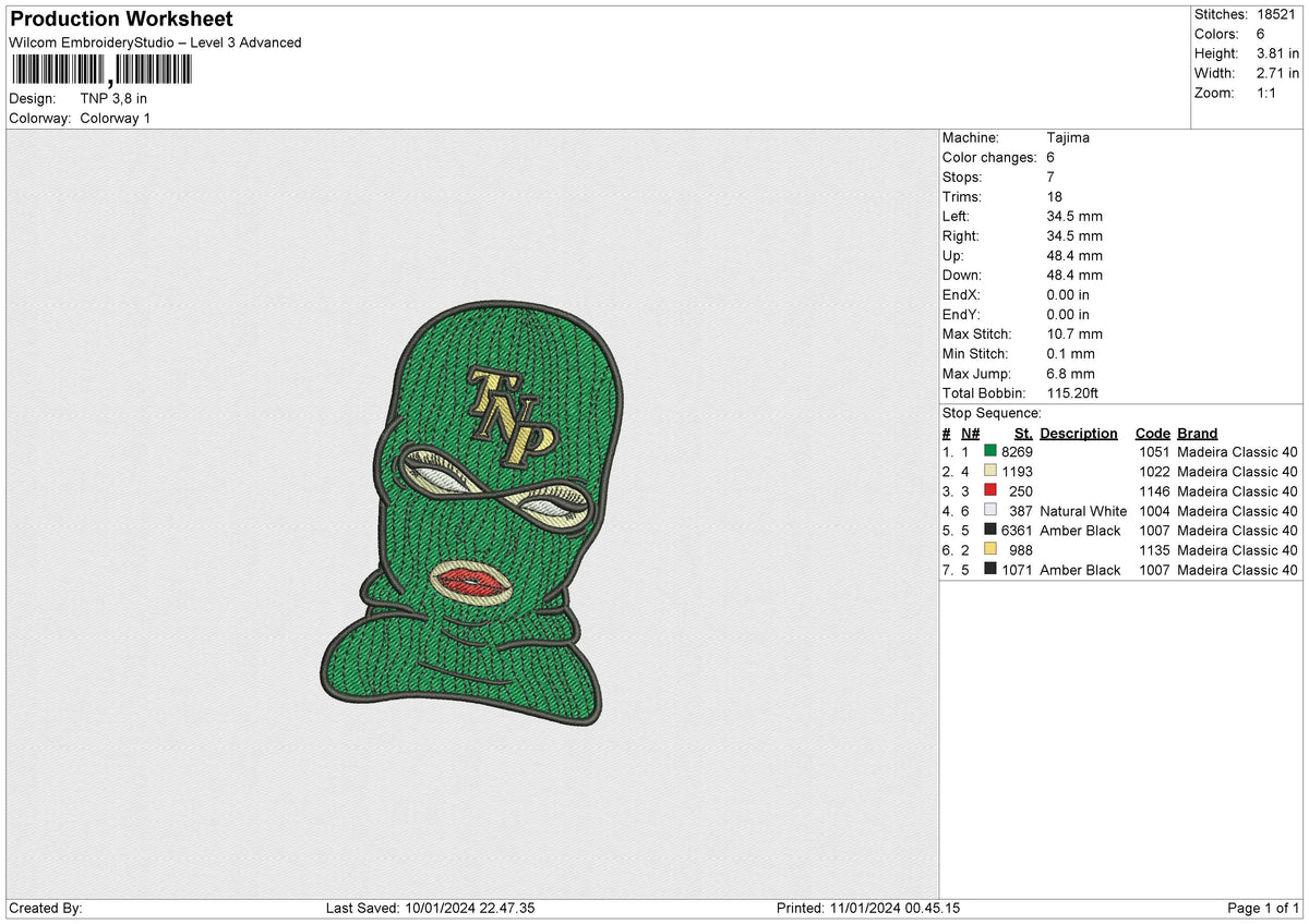 Green Mask Embroidery File 6 sizes