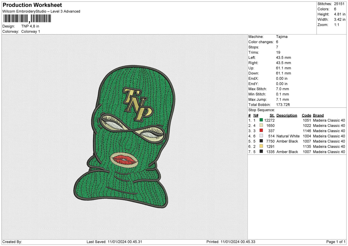 Green Mask Embroidery File 6 sizes