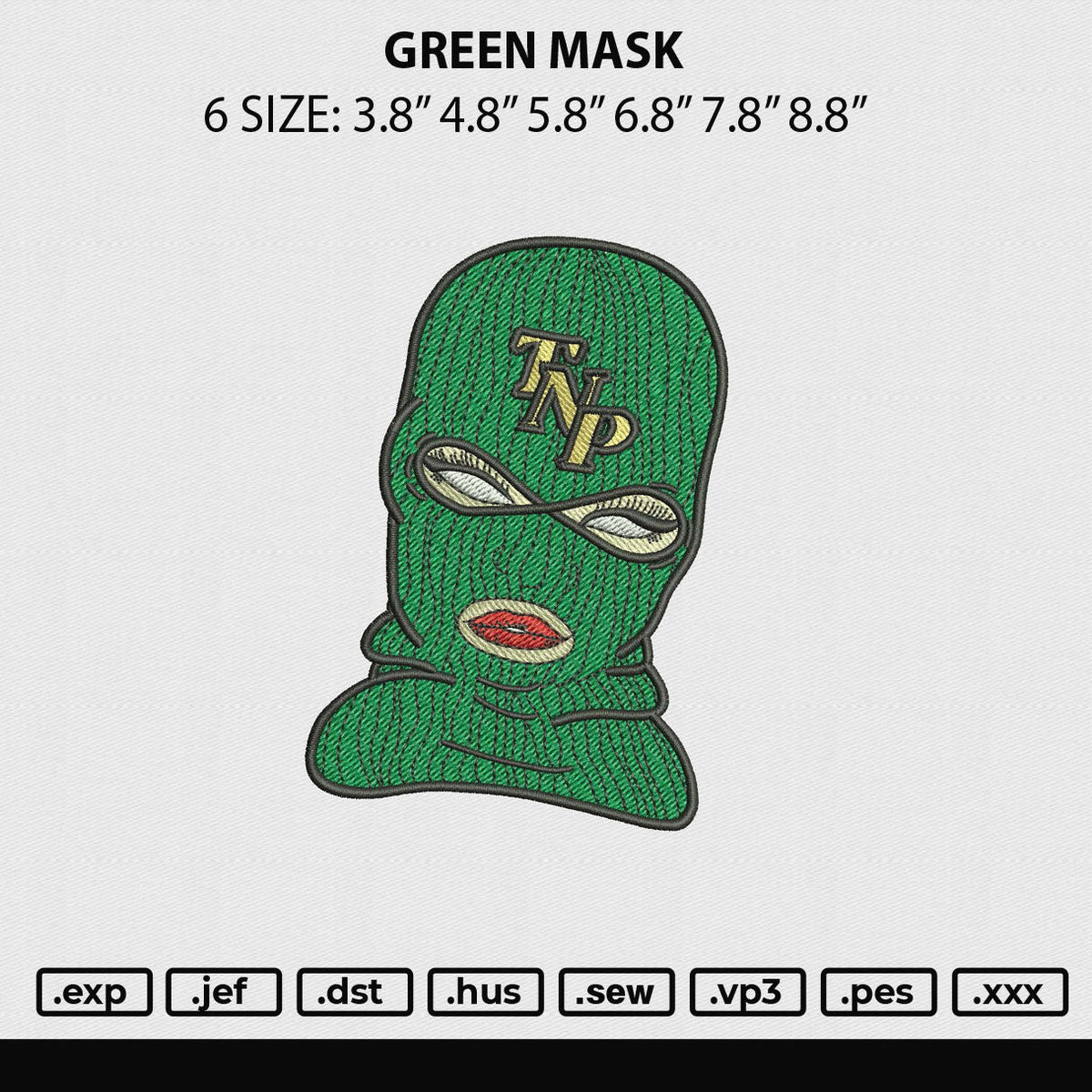 Green Mask Embroidery File 6 sizes