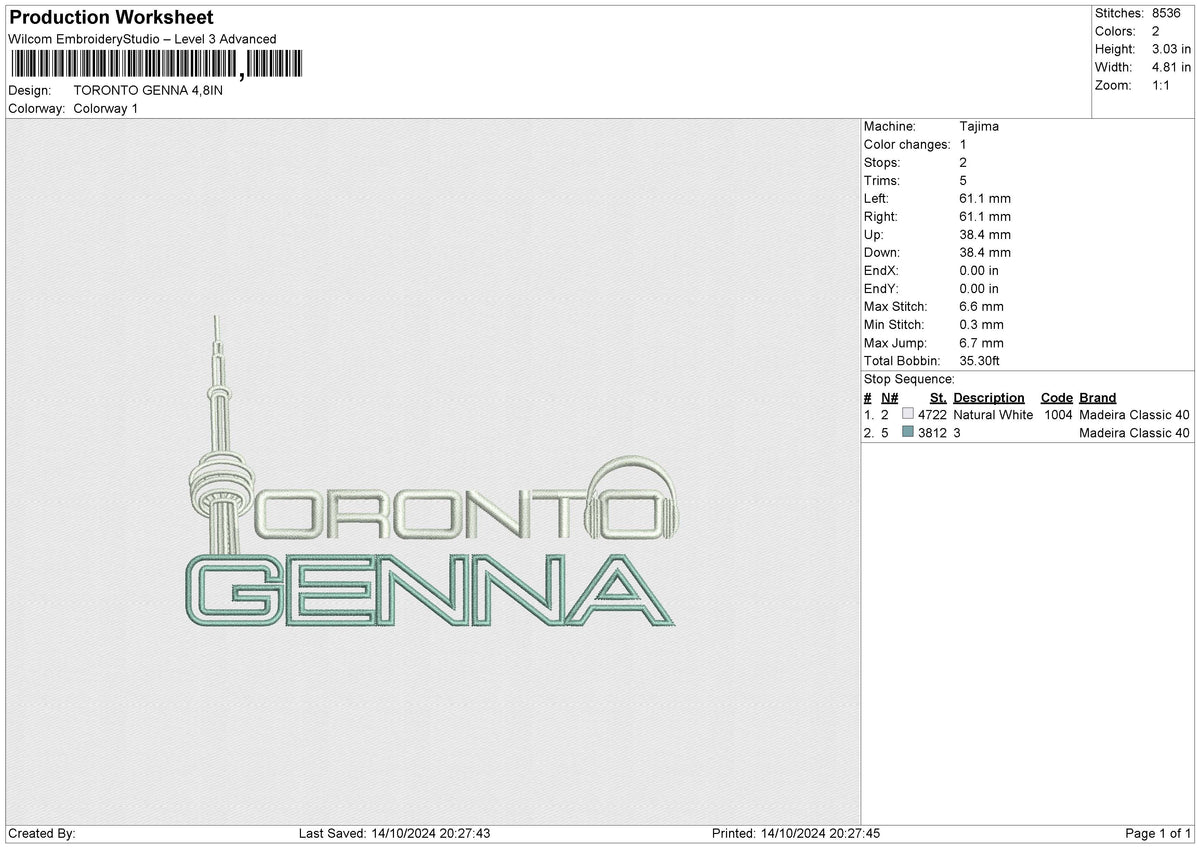 TORONTO GENNA Embroidery File 6 size