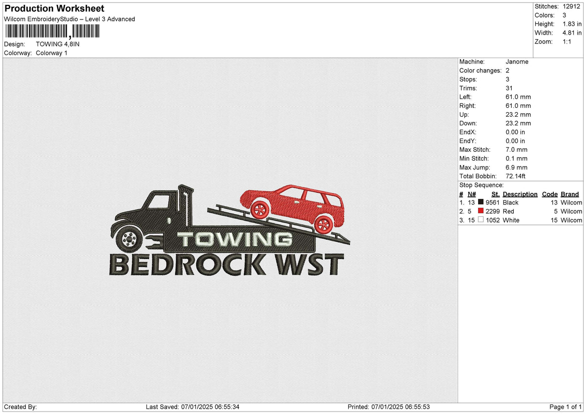TOWING 070125 Embroidery File 6 size