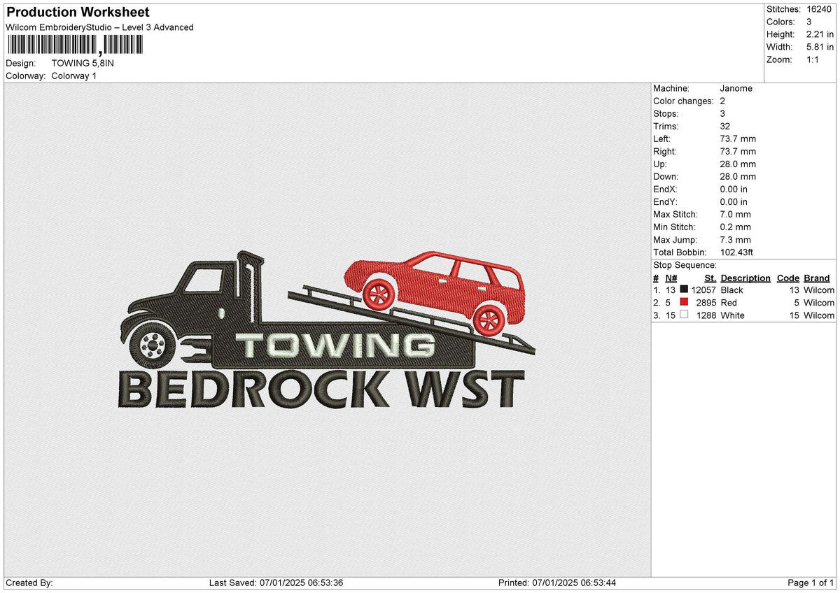 TOWING 070125 Embroidery File 6 size