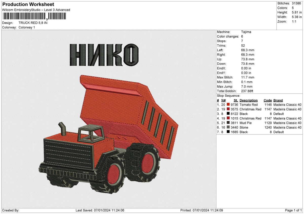 TRUCK RED Embroidery File 6 size