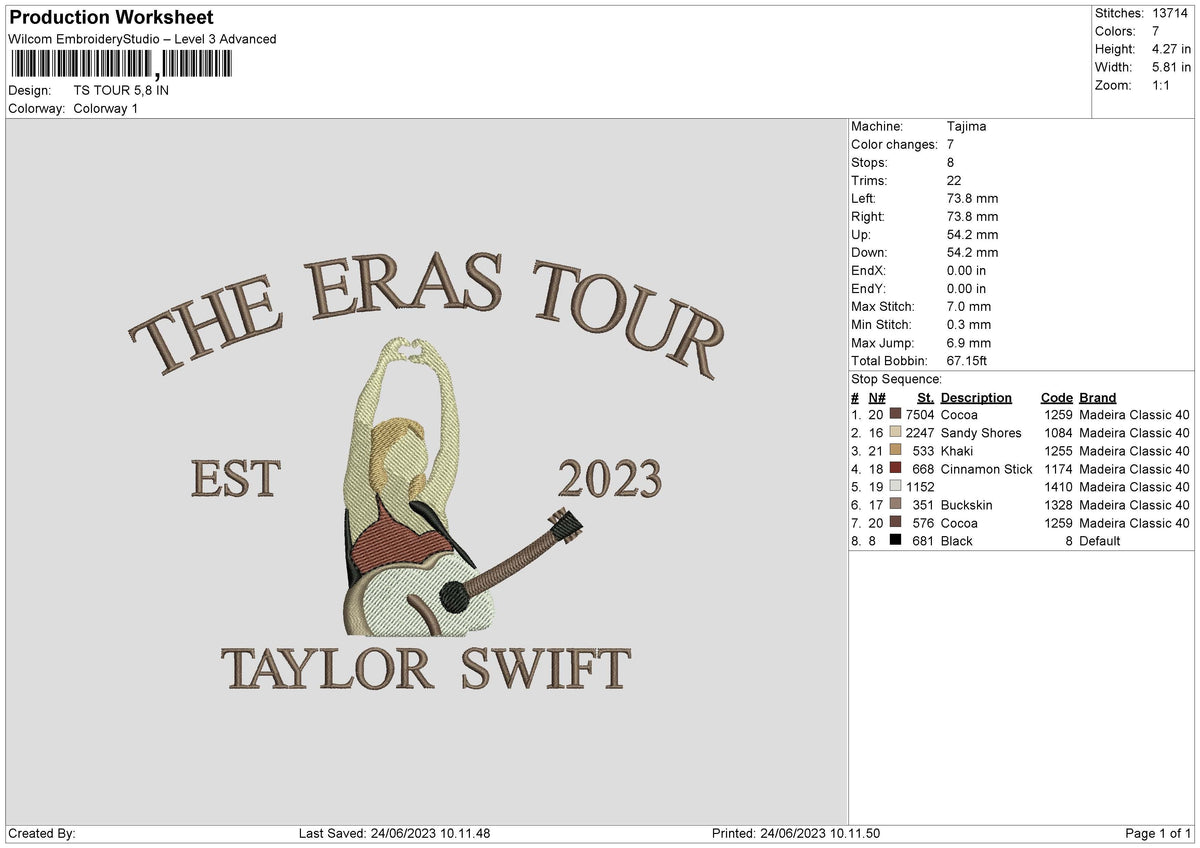 Ts Tour V1 Embroidery File 6 sizes