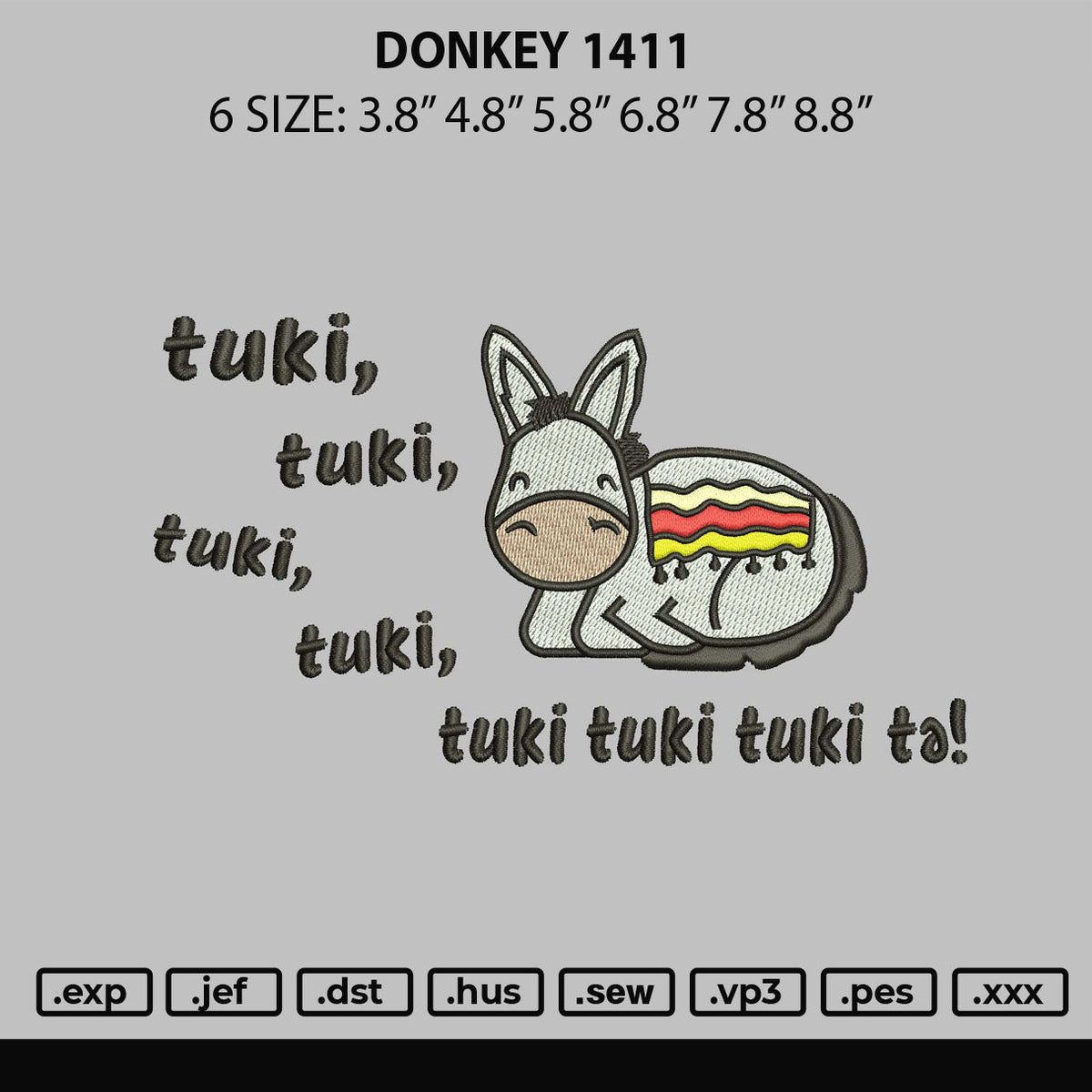Donkey 1411 Embroidery File 6 sizes
