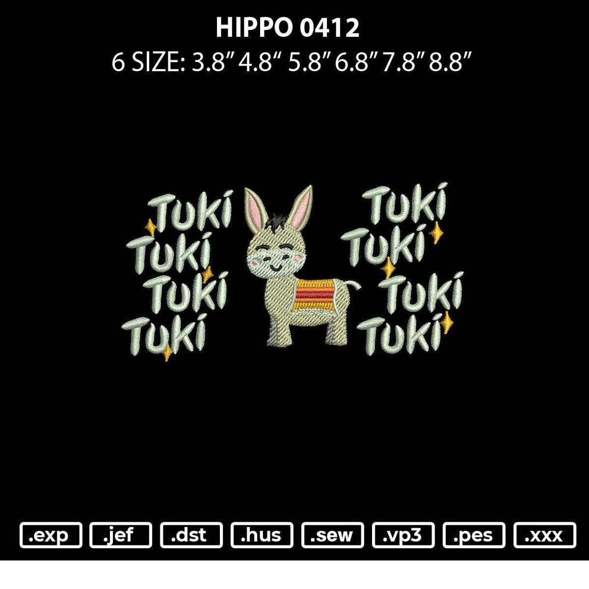 Hippo 0412 Embroidery File 6 sizes