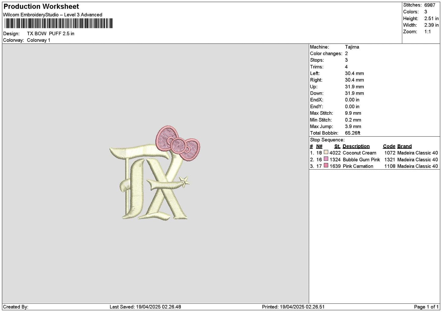 Tx Bow Puff Embroidery File 6 sizes