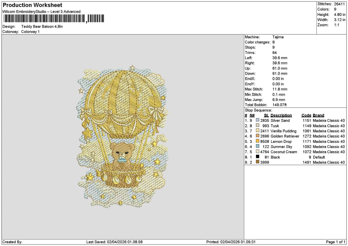 Bear 0204 Embroidery File 6 sizes