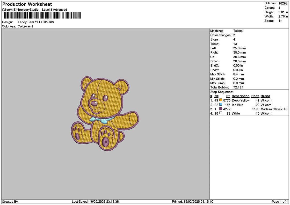 Yellow Bear Embroidery File 6 sizes
