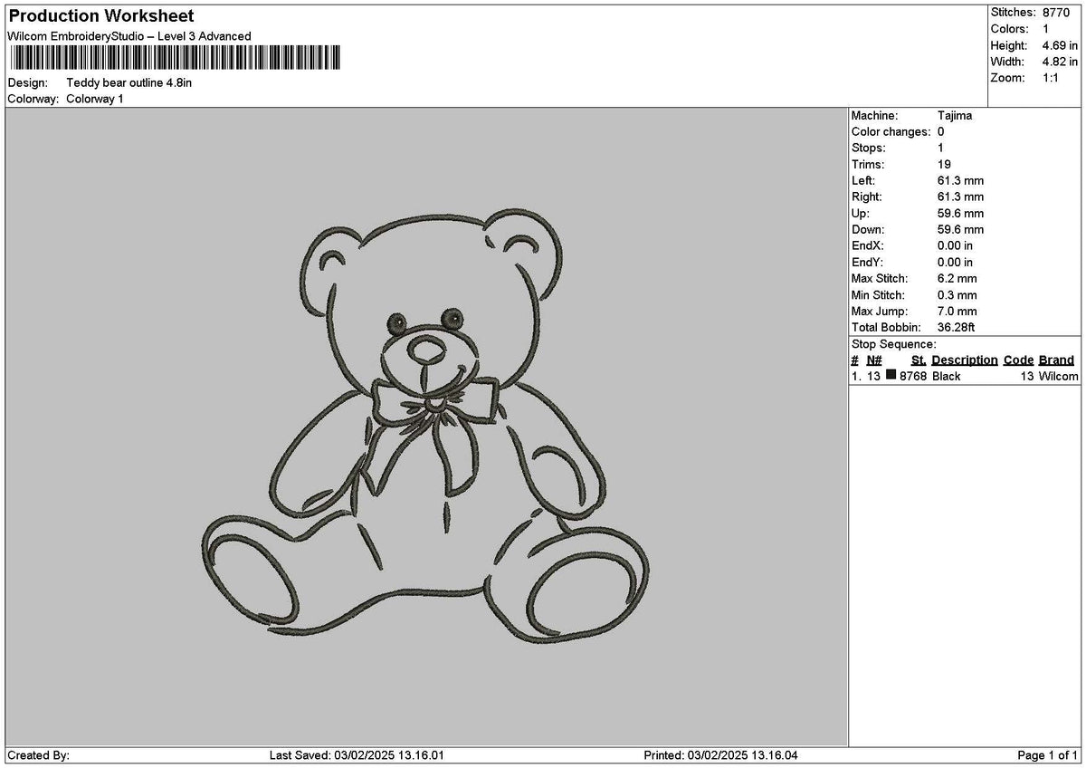 Bear Outline 0203 Embroidery File 6 sizes
