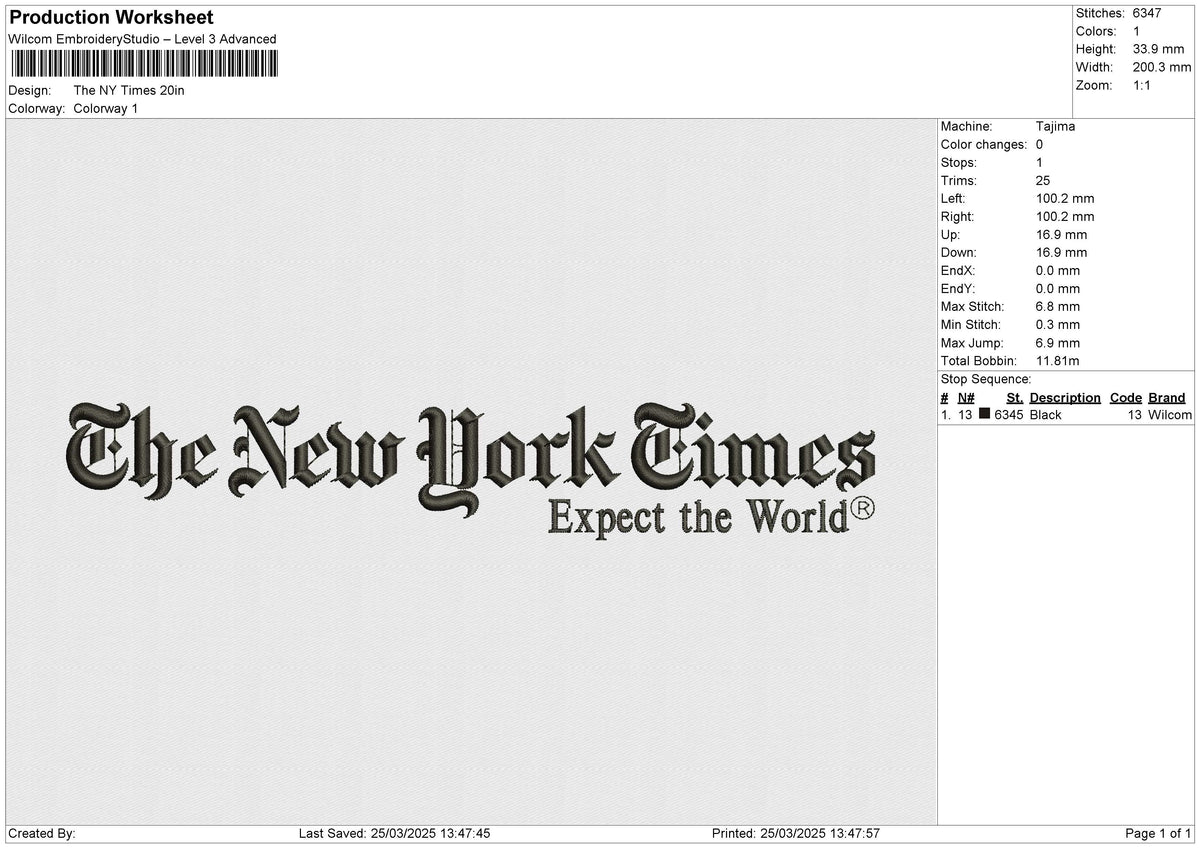 The NY Times Embroidery File 6 size