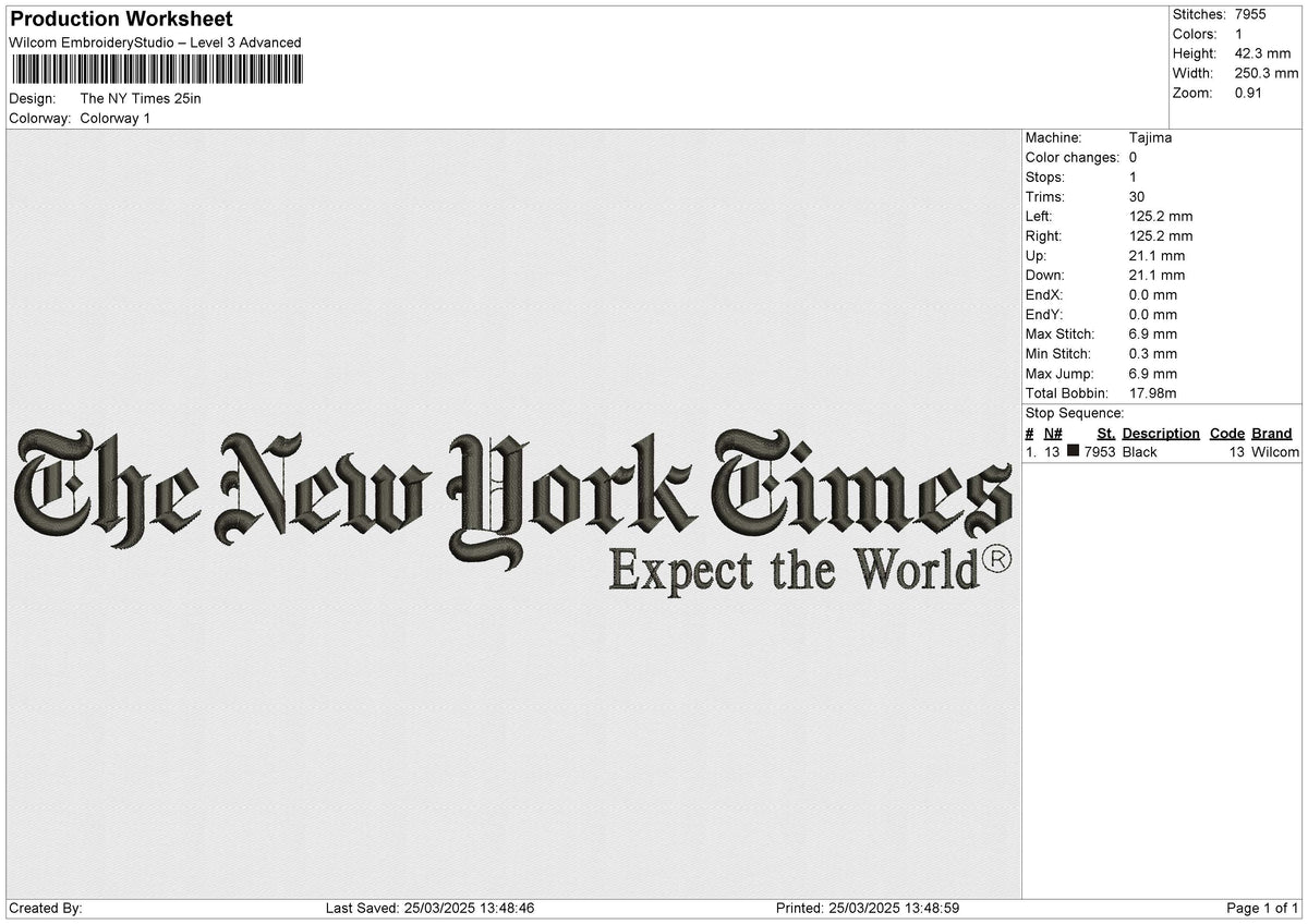The NY Times Embroidery File 6 size