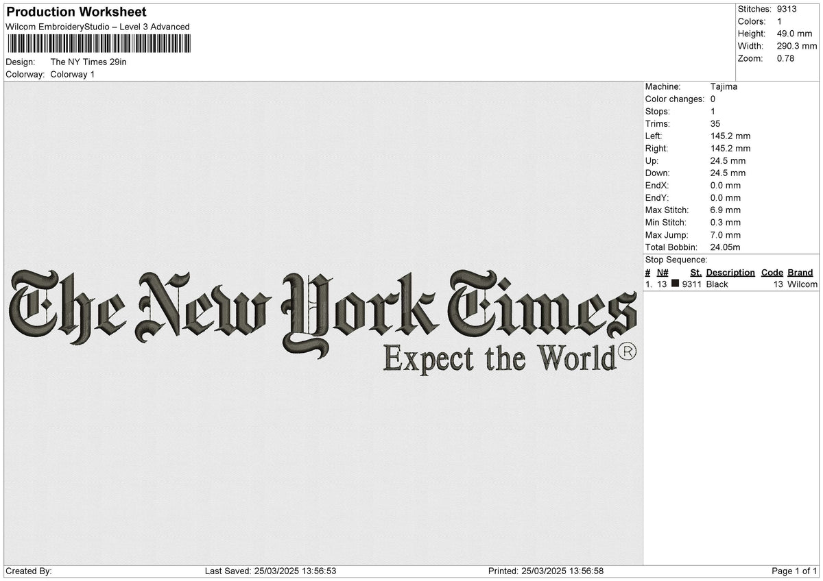The NY Times Embroidery File 6 size
