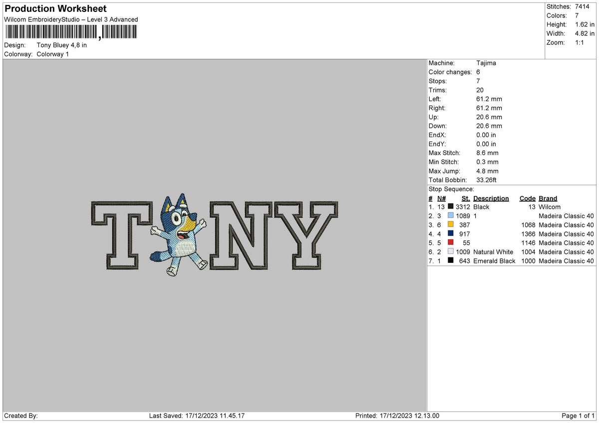 Tony Text Embroidery File 6 sizes